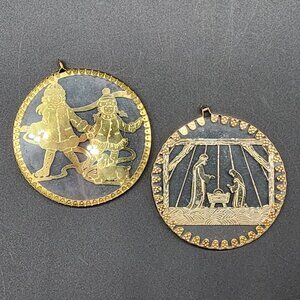 Vintage Silvestri Christmas Ornament Glass With Brass Children Nativity Scene